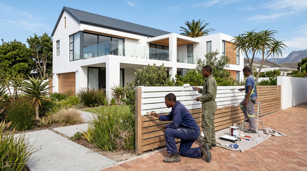 Professional fence painters painting a wooden fence at a coastal home in Milnerton